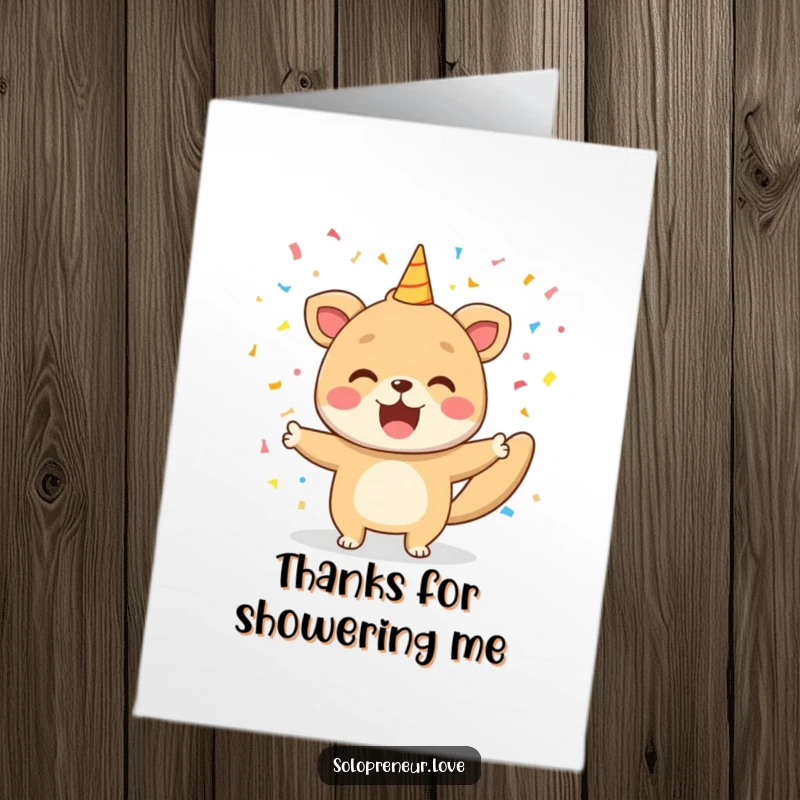 Funny Free Printable Thank You Card: Happy animal showers confetti, celebrating gratitude for a victory. Print at home.