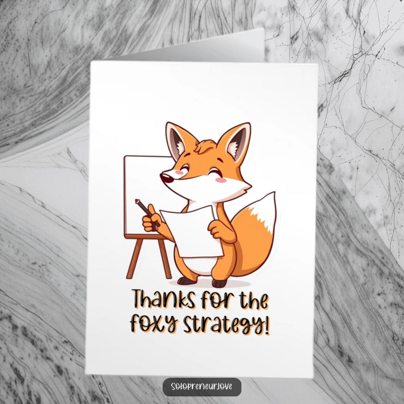 Funny Free Printable Thank You Card: A focused fox points at a whiteboard, thrilled with a brilliant plan.