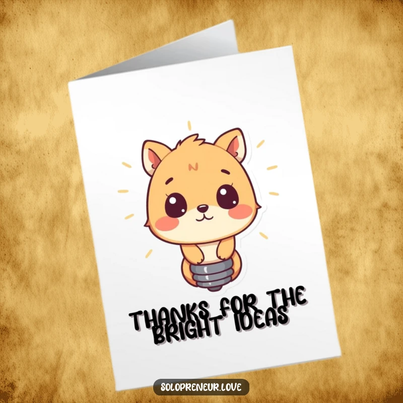 Funny Free Printable Thank You Card: Curious animal admires a glowing lightbulb, expressing thanks for bright ideas. Print at home.