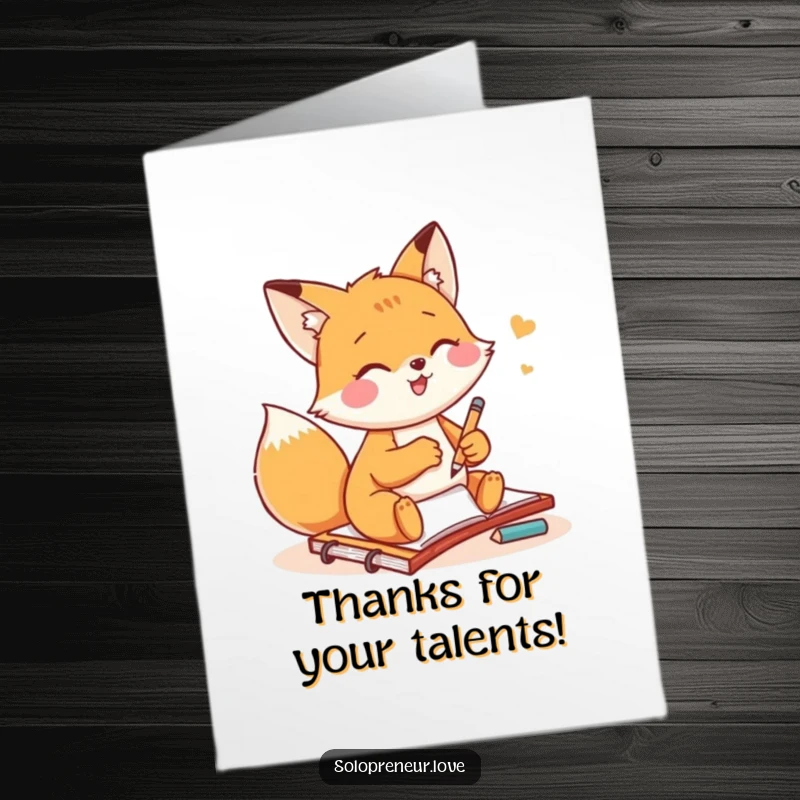 Funny Free Printable thank you card: Small fox gleefully sketching on a notepad, showing appreciation.