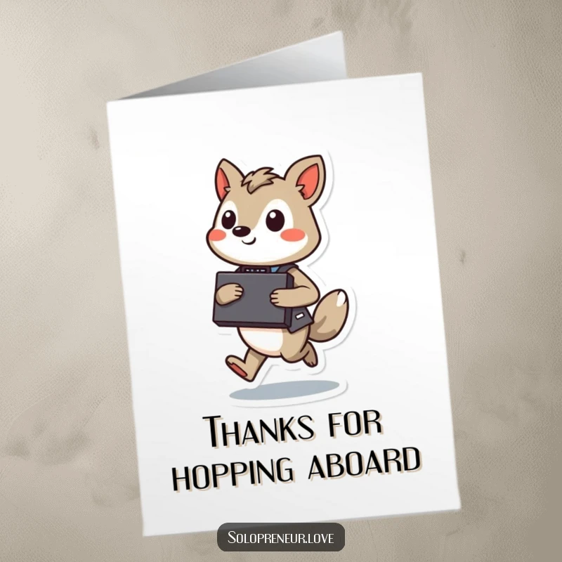 Funny free printable thank you card of a confident animal carrying a briefcase, hopping with joy to express sincere thanks.