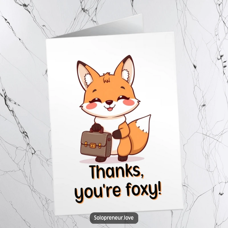 Charming free printable thank you card with a cheerful fox holding a briefcase, conveying thanks with professional flair.