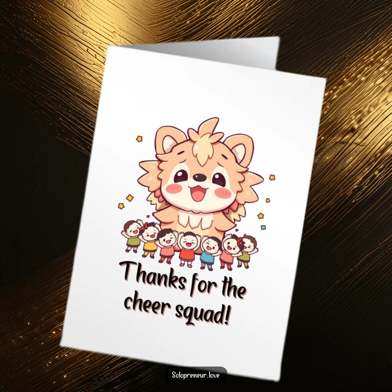 Funny Free Printable Thank You Card: A cheerful creature beams as small figures enthusiastically cheer, showing thanks and appreciation.
