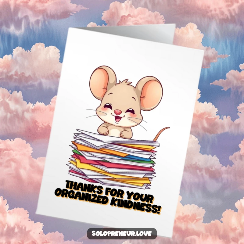 Funny Free Printable Thank You Card with a giggling mouse character organizing colorful papers, expressing thanks with a smile.