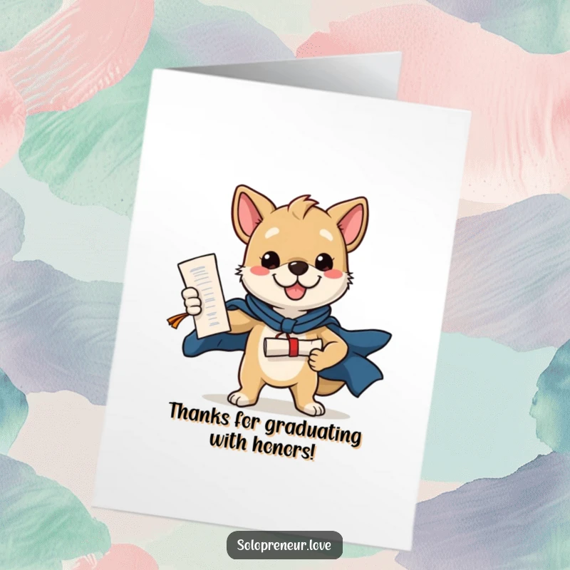 Funny Free Printable Thank You Card: A heroic dog holding a diploma, expressing gratitude with a confident and charming heroic pose.