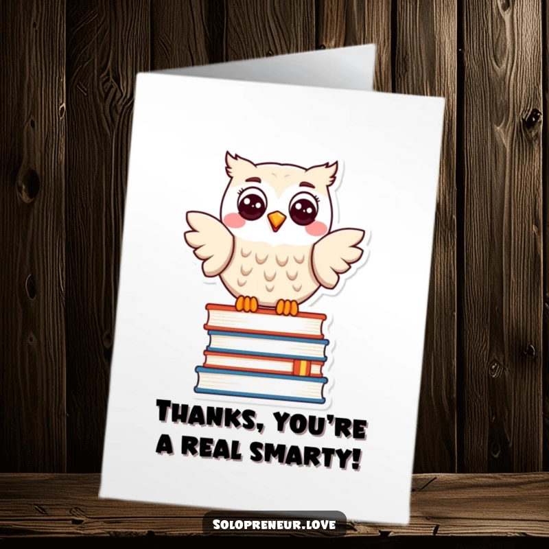 Funny Free Printable Thank You Card: A wise, smiling owl sits atop a stack of books, offering thanks with charm.