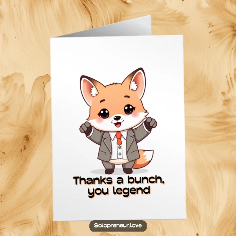 Funny free printable thank you card with a kawaii fox in a suit, holding a tiny sign saying Thank You, looking professional.