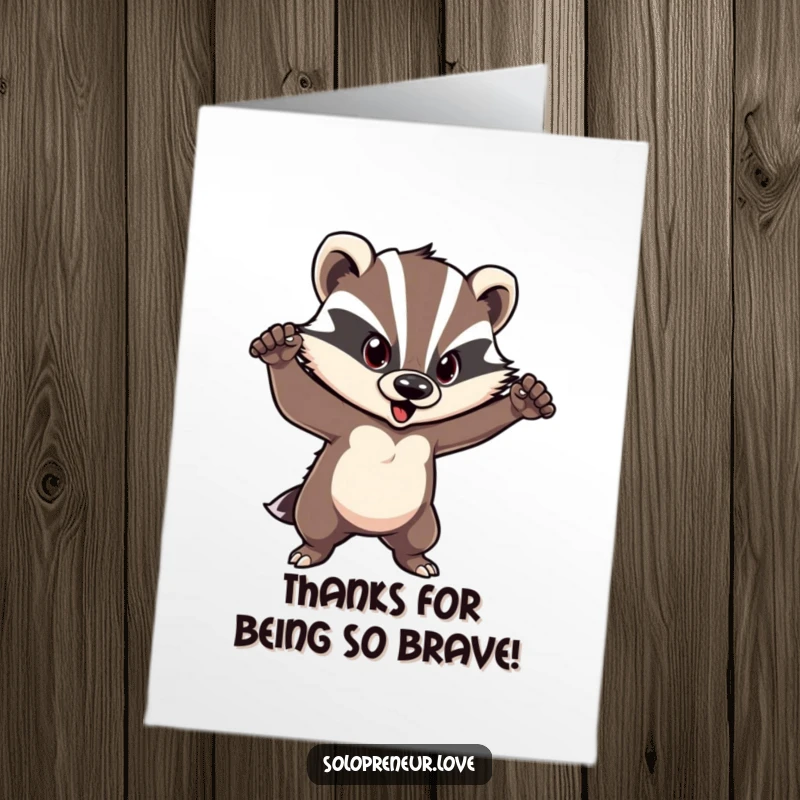 Funny Free Printable Thank You Card showcasing a courageous badger striking a confident pose, conveying sincere thanks.