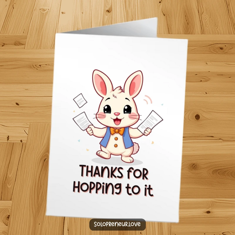 Funny Free Printable Thank You Card: A cheerful rabbit character juggling business invoices, showing thanks for hard work.