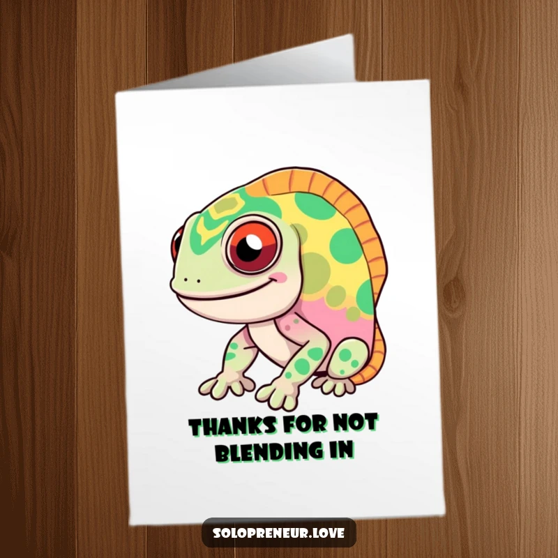Funny Free Printable Thank You Card: Ecstatic chameleon displaying a rainbow of gratitude through rapid color changes.