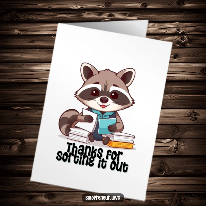 Funny Free Printable thank you card with a smiling raccoon efficiently organizing papers, showing appreciation.