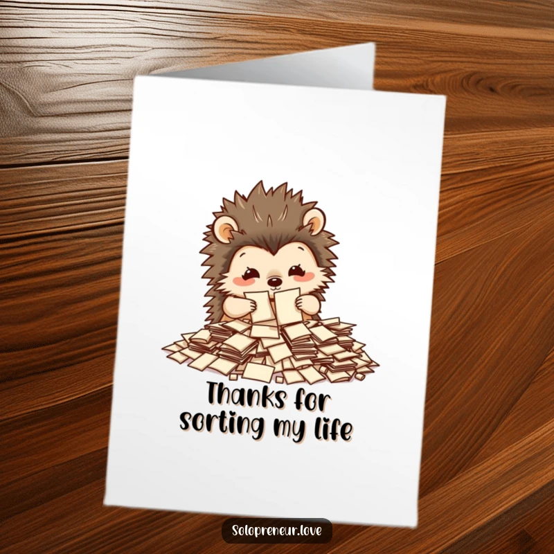 Funny Free Printable Thank You Card featuring a busy hedgehog character meticulously sorting a pile of tiny papers, expressing thanks.