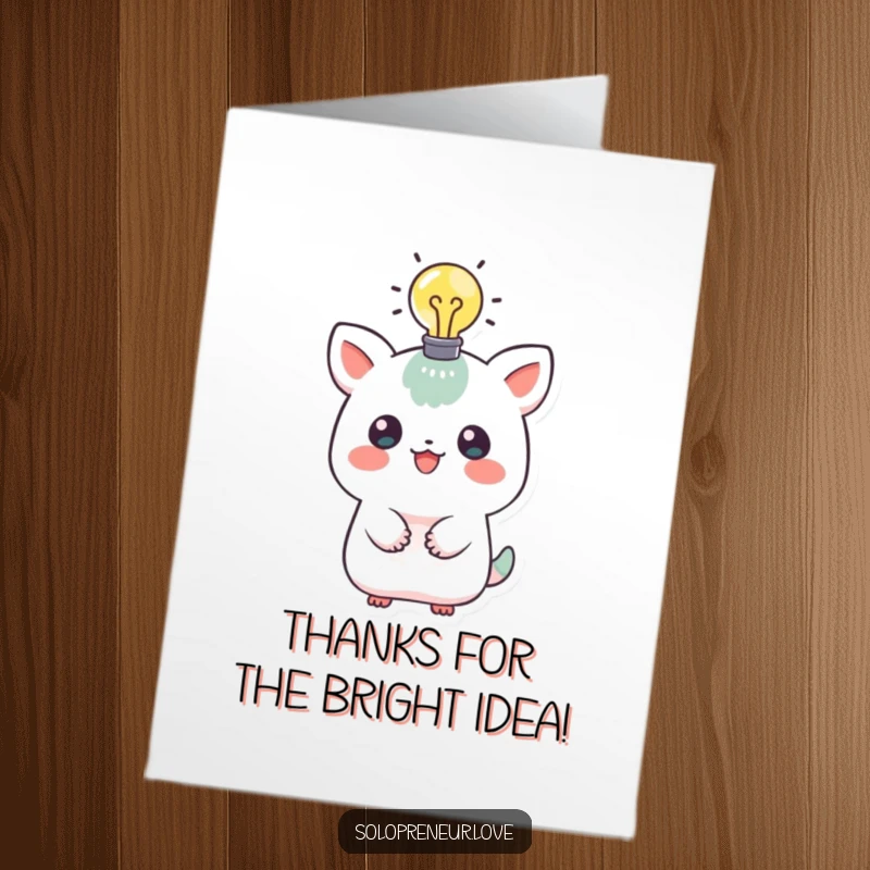 Funny Free Printable Thank You Card: A creature with a brightly lit lightbulb above its head symbolizes a great idea and thanks.