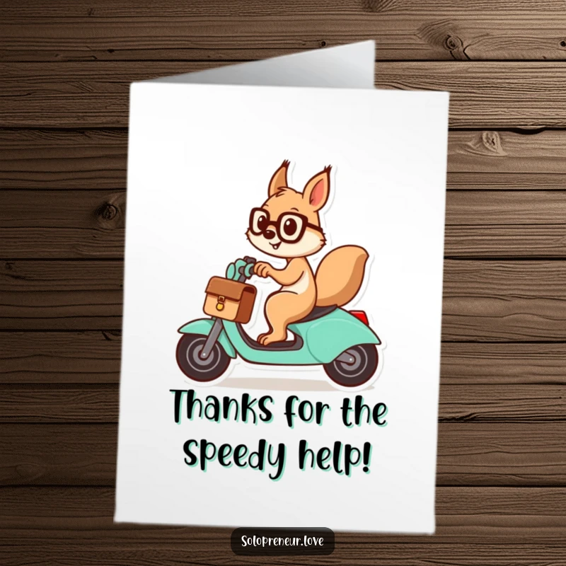 Funny Free Printable Thank You Card: A cheerful squirrel with a briefcase zips past on a scooter, saying thanks.