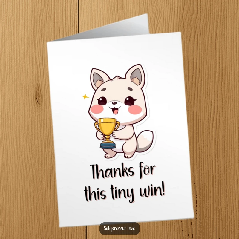 Funny Free Printable Thank You Card: Animal beams proudly holding a tiny trophy, a humorous way to say thanks.
