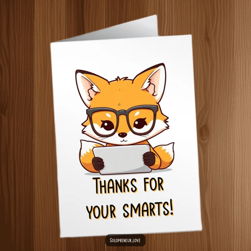 Funny Free Printable Thank You Card: A fox wearing glasses narrows its eyes, focused on a tablet, showing diligent appreciation.