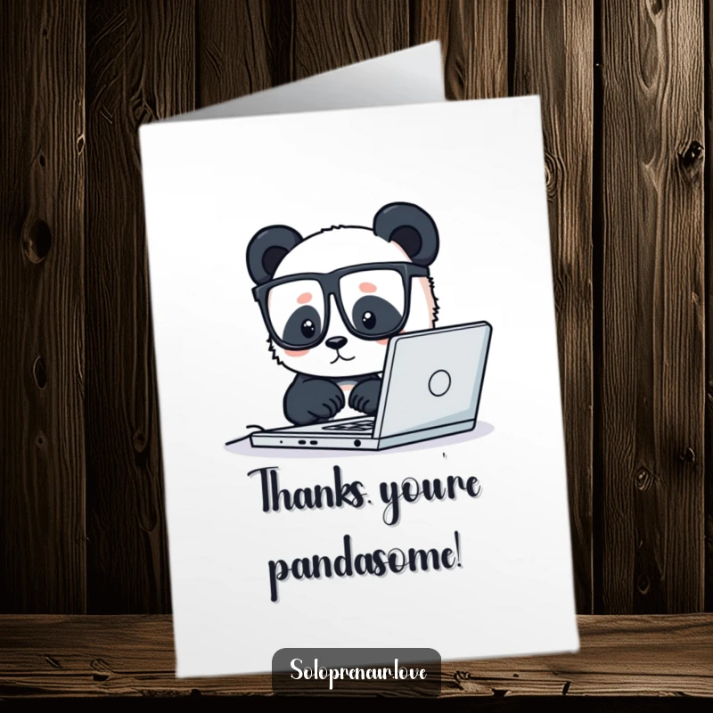 Witty free printable thank you card with a panda in glasses working on a laptop, conveying thanks with studious charm.