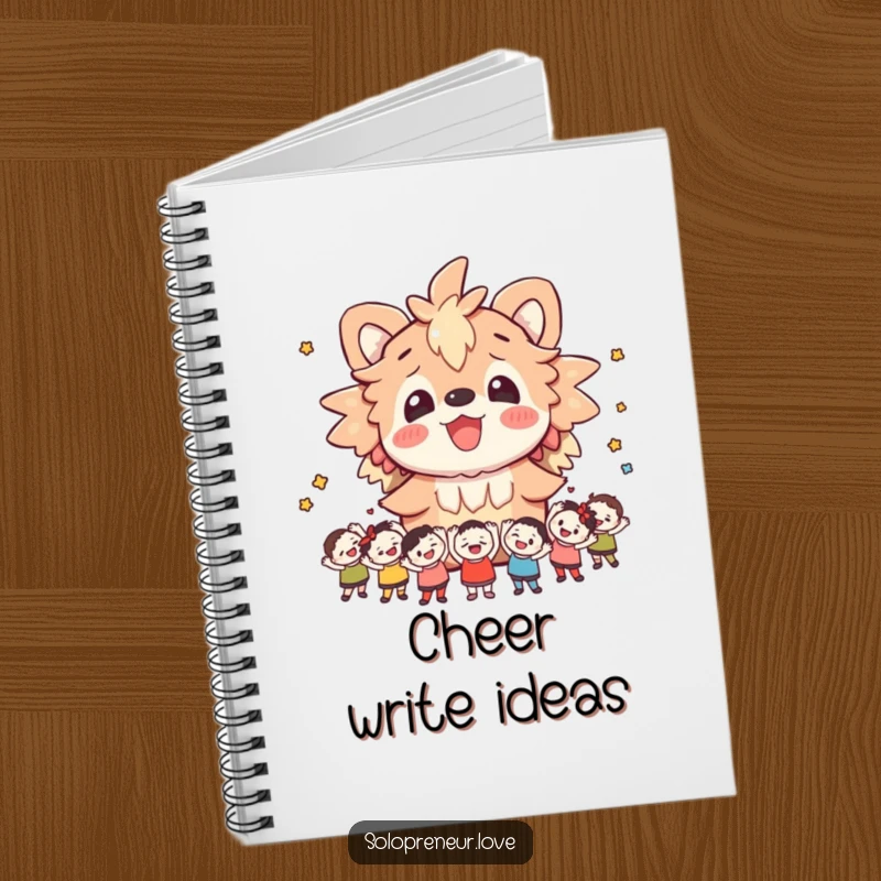 Funny notebook with a cheerful creature surrounded by small cheering figures, designed for recording happy thoughts and celebratory notes.