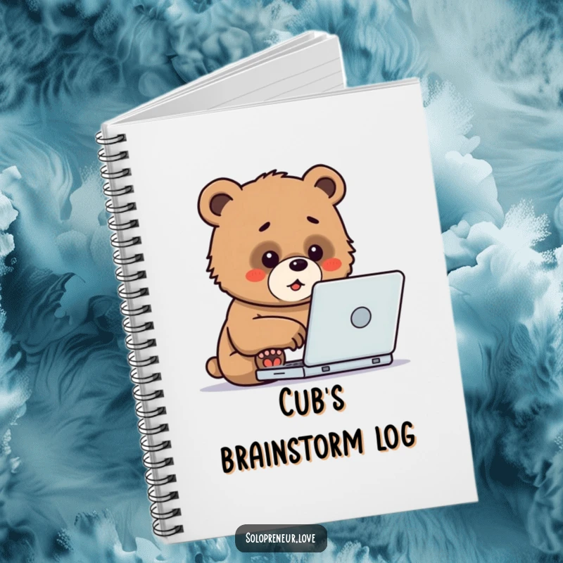 Funny Notebook designed with a determined bear cub typing on a laptop, perfect for notes and planning with a humorous and motivational twist.