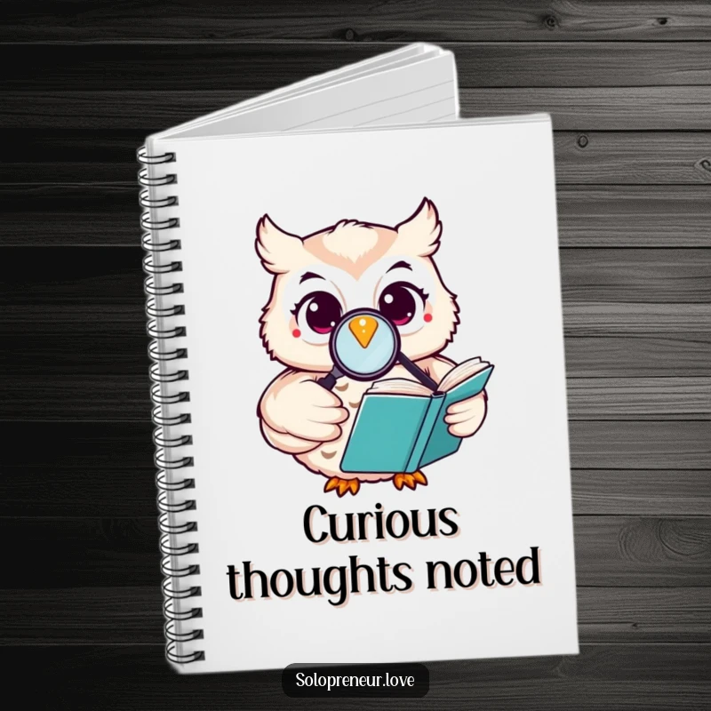Funny happy owl notebook with a character reading a book with a magnifying glass, perfect for jotting down wise ideas.