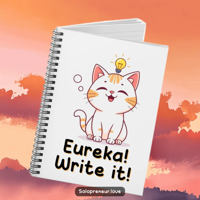 Funny Notebook: A playful cat character experiencing a lightbulb moment, ready to record your most brilliant thoughts.