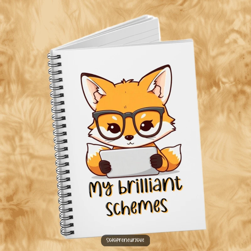 Funny notebook with a fox wearing glasses intently using a tablet, perfect for notes, plans, and smart ideas.