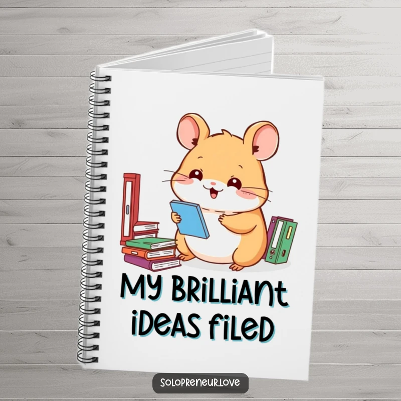 Funny hamster notebook featuring a smiling character organizing files, perfect for note-taking and journaling.