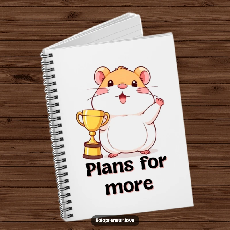 Funny beaming hamster notebook with a character proudly displaying a trophy, perfect for jotting down winning ideas.