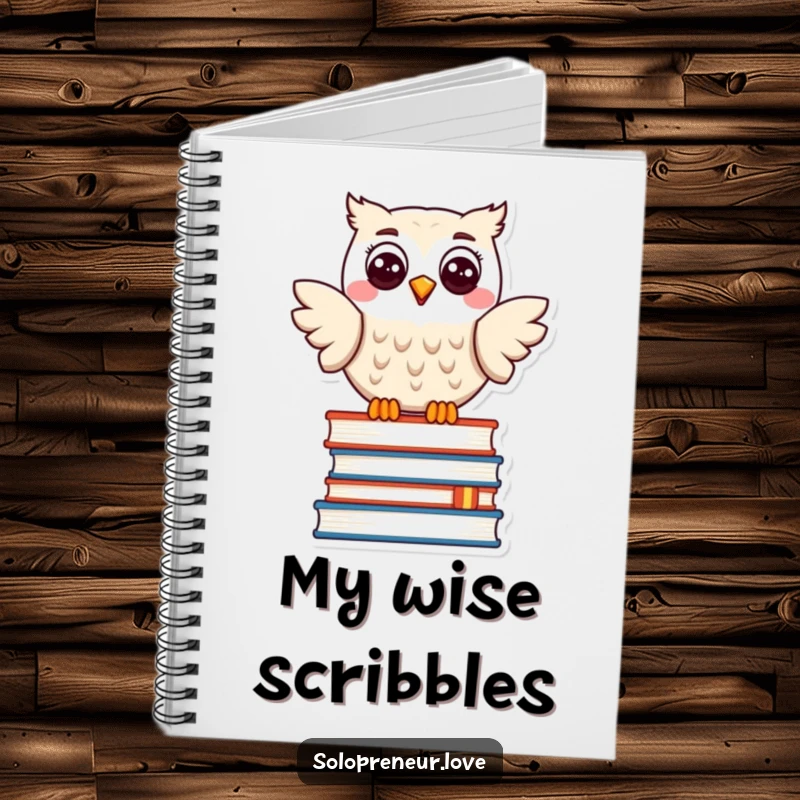 Funny notebook cover with a happy owl character resting on a stack of books, ideal for writing and creative note-taking.