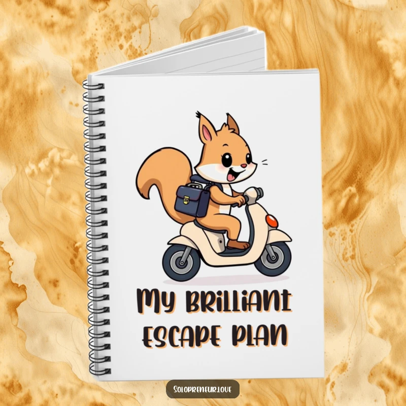 Funny squirrel with a briefcase on a scooter, ready to jot down notes in this humorous notebook.