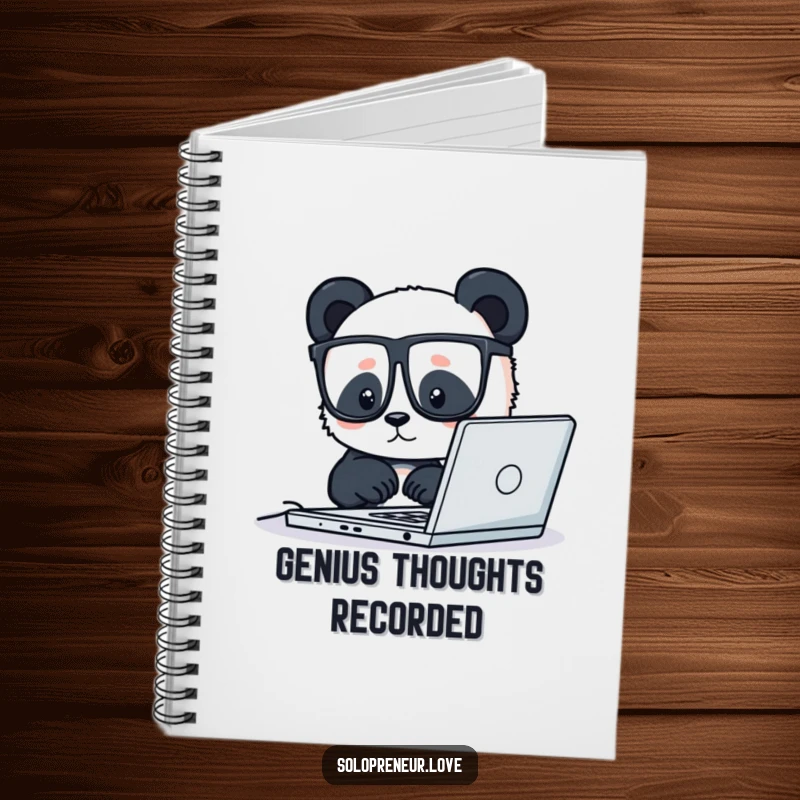 Funny notebook with a tiny panda wearing glasses, diligently working on a laptop, perfect for planning and note-taking.