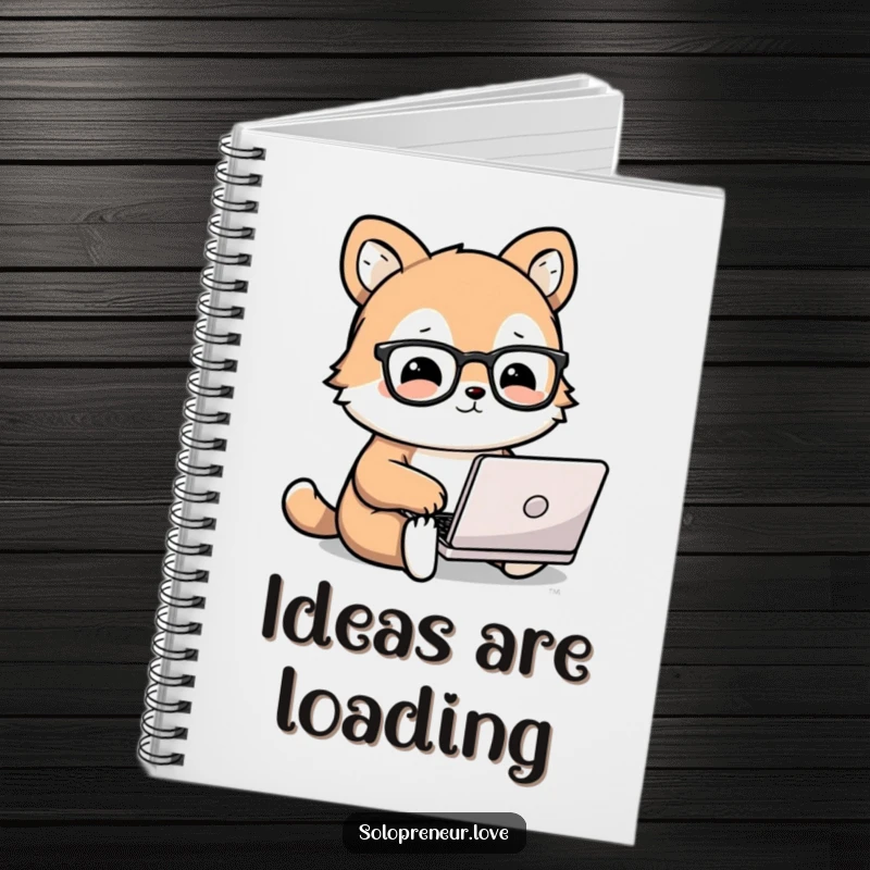Funny animal notebook cover with a cute, bespectacled animal character working on a small laptop, inspiring intellectual notes.