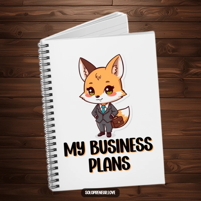 Funny notebook with a small fox character in a tiny suit, holding a briefcase, ideal for professional notes.