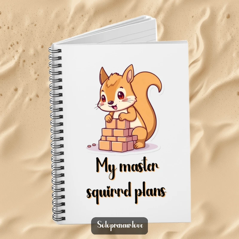 Funny determined squirrel character holding a blueprint and pencil, planning a structure, on a notebook cover.