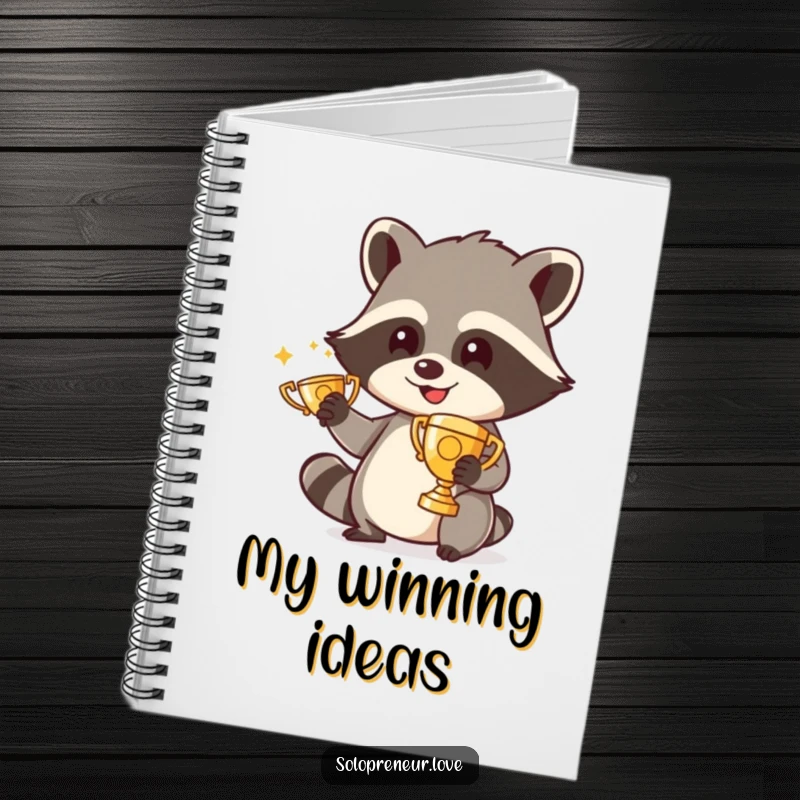 Funny notebook with a smiling raccoon character polishing a tiny trophy on the cover, inspiring creative and triumphant entries.
