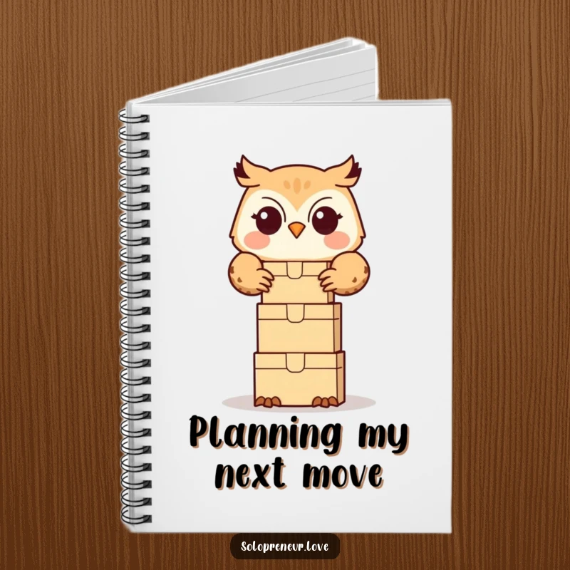 Funny owl organizer notebook featuring a cute owl happily stacking small boxes, perfect for jotting down organized thoughts.