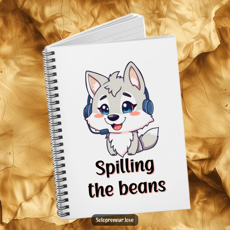 Funny wolf strategy notebook, featuring a wolf with a headset talking animatedly, great for plans and a funny gift.