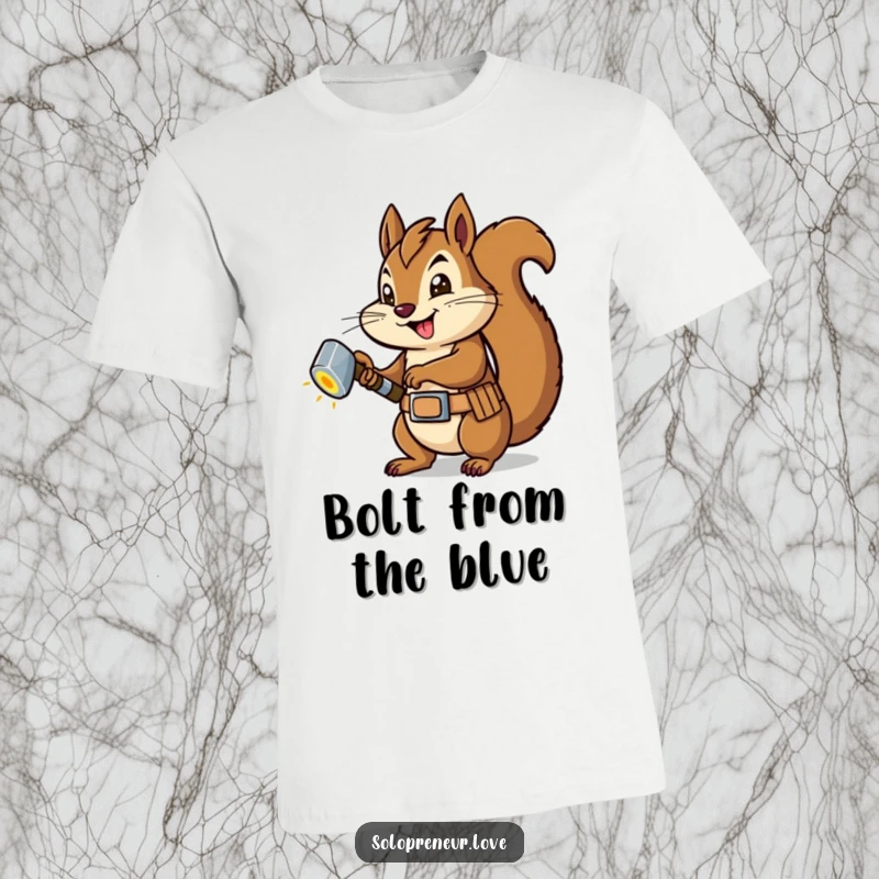 Funny Squirrel Carpenter T-Shirt: A determined squirrel with a tool belt, hammering a glowing bolt with confidence and skill.