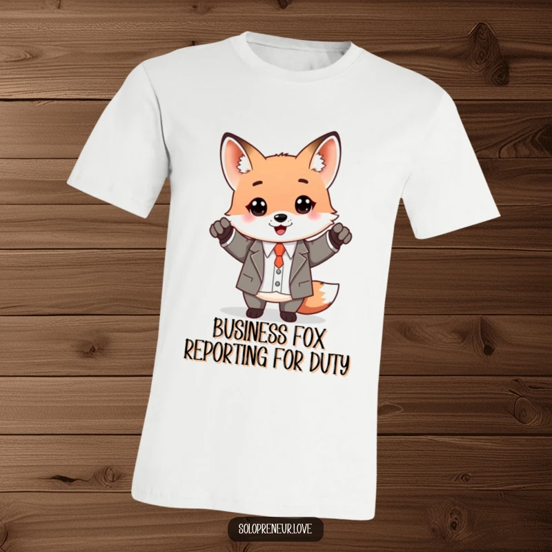 Funny Kawaii Fox in a business suit triumphantly celebrating success, wearing a tie, printed on a t-shirt.