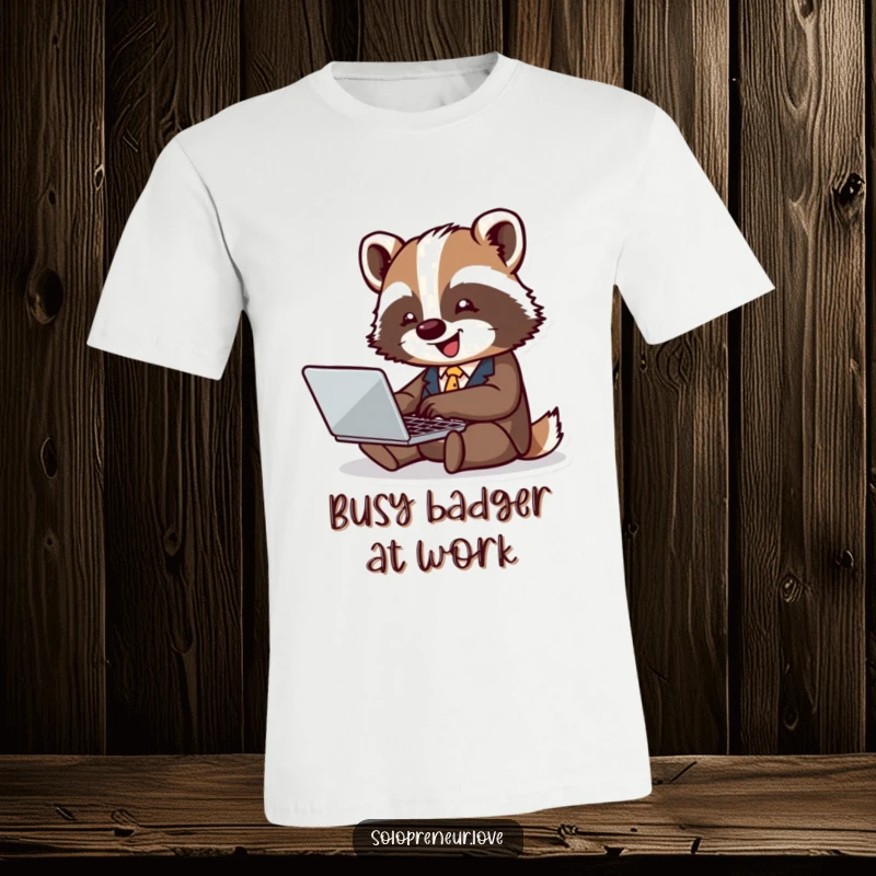 Funny badger business t-shirt featuring a tiny badger in a suit typing happily on a laptop, a humorous office gift.