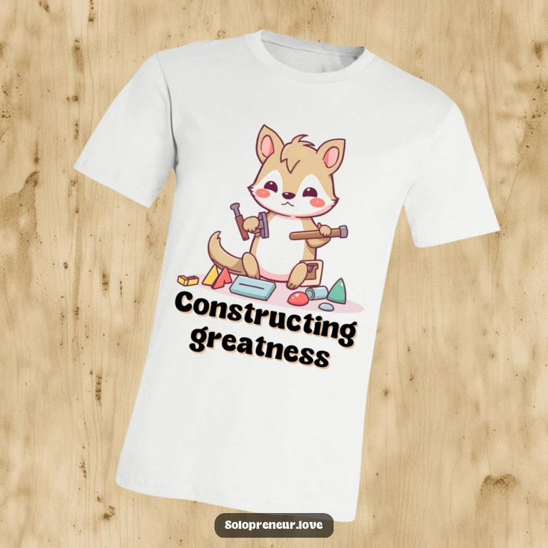 Funny builder animal t-shirt with a determined character using tools to assemble abstract shapes, highlighting the humor of creation.
