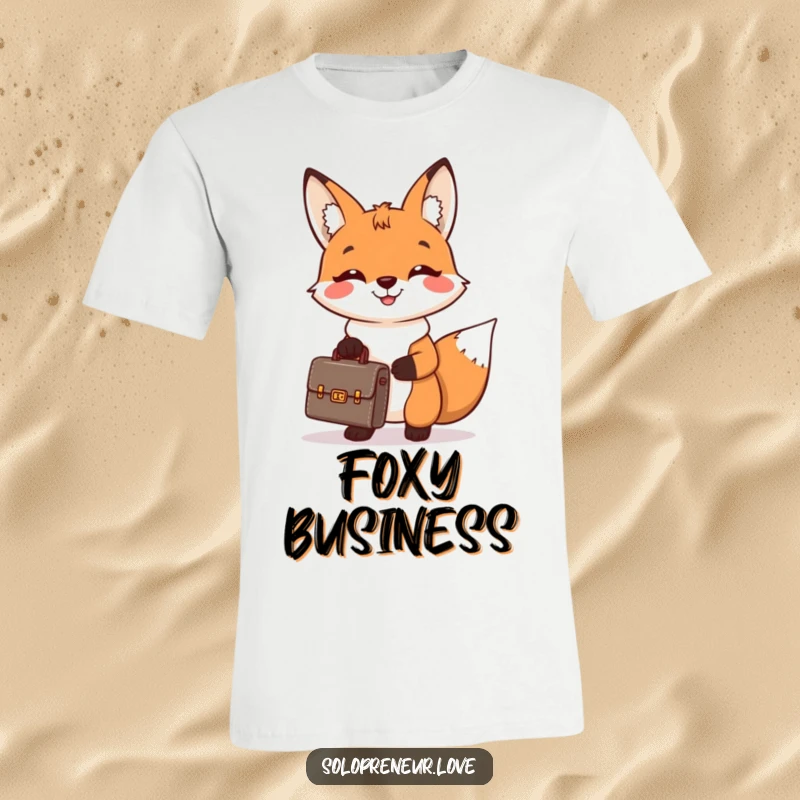 Funny t-shirt depicting a cheerful fox holding a tiny briefcase and smiling broadly, embodying a smart and successful business persona.
