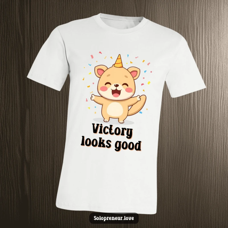 Funny t-shirt with a joyful animal showering itself in confetti, embodying the excitement and happiness of achieving a victory.