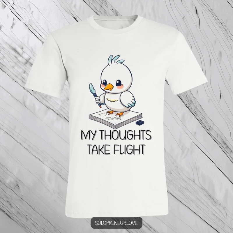Funny bird t-shirt displaying a creative character with a feather pen, sketching ideas onto a notepad in a humorous artistic pose.