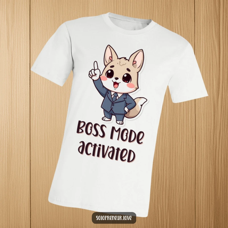 Funny Business Animal T-Shirt: A stylish animal in a miniature business suit, enthusiastically pointing upwards with a confident smile.