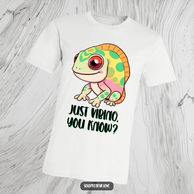 Funny chameleon t-shirt featuring a smiling character rapidly shifting through dazzling colors and patterns, a hilarious and expressive apparel choice.