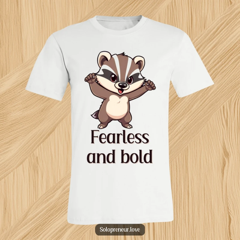 Funny badger t-shirt depicting a courageous character striking a confident pose, inspiring boldness and self-assurance.