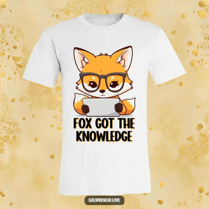 Funny t-shirt featuring an intelligent fox wearing glasses, engrossed in a tablet, depicting focus and digital engagement.