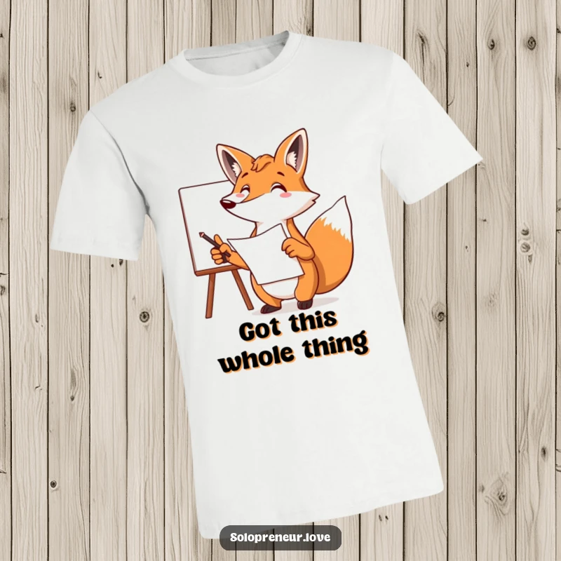 Funny fox t-shirt depicting a focused character pointing at a whiteboard with a plan, a humorous design for planners.