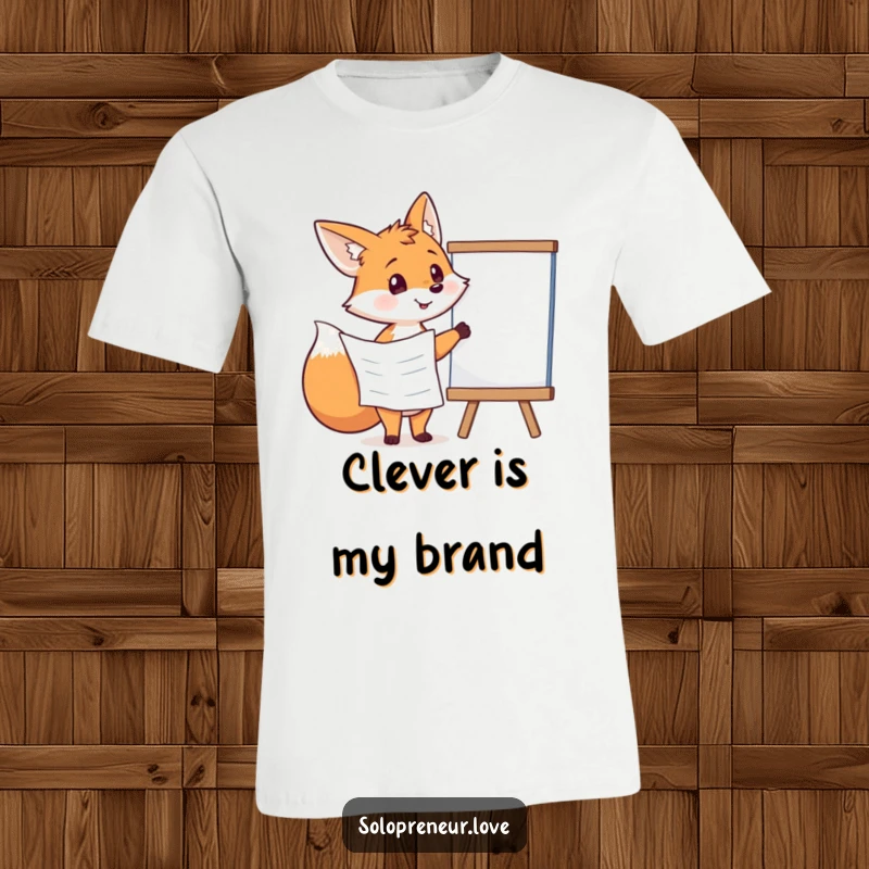 Funny fox character holding a plan and pointing at a whiteboard, printed on a clever and humorous t-shirt.